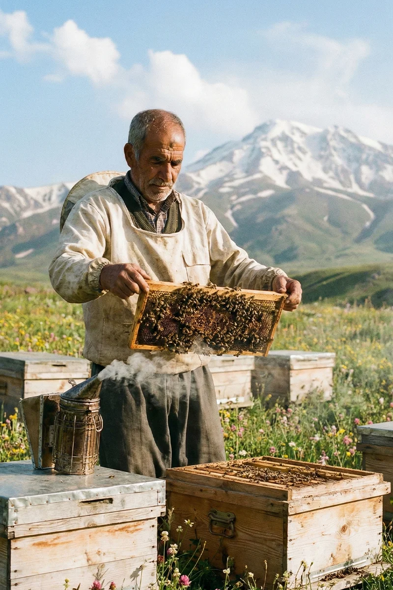 زنبوردار در حال بررسی قاب عسل طبیعی